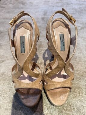 Prada Croc-Embossed Tan Leather Strappy Heels